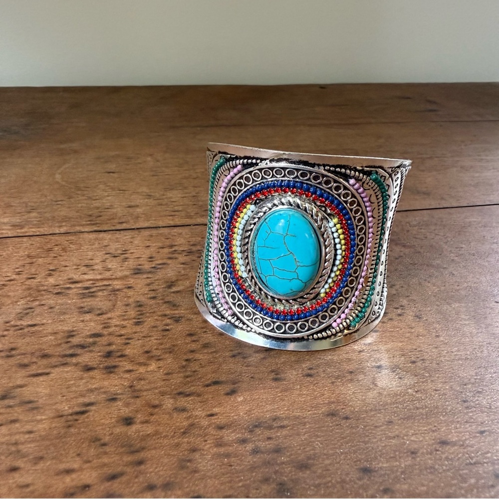 Colorful Beaded Cuff Bangle Bracelet with Turquoise Stone